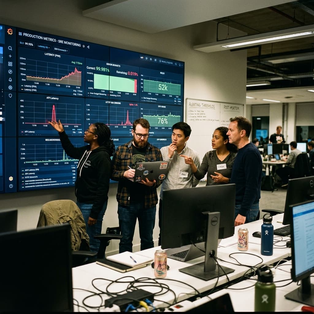 SRE team reviewing production metrics and error budgets on a large wall display.