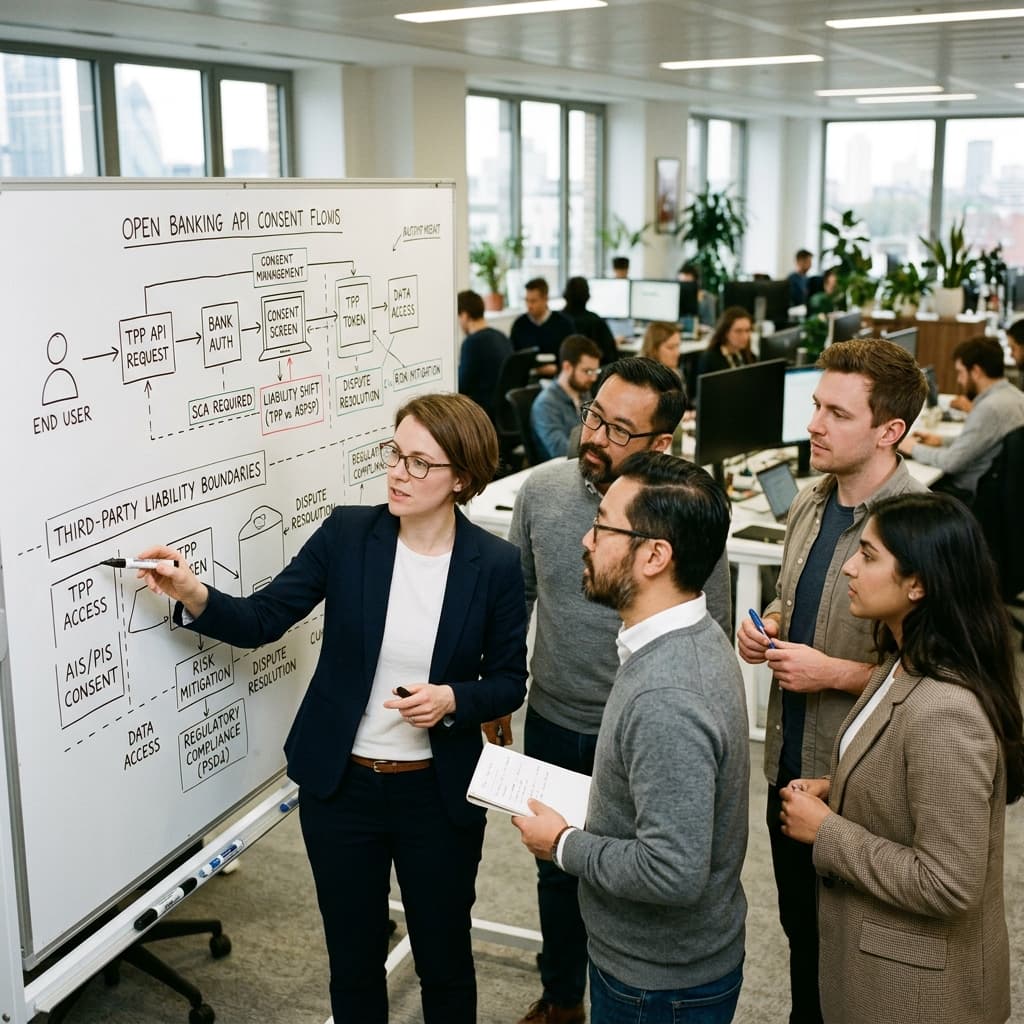 Financial technology professionals reviewing a diagram of open banking API consent flows and third-party liability boundaries on a whiteboard.