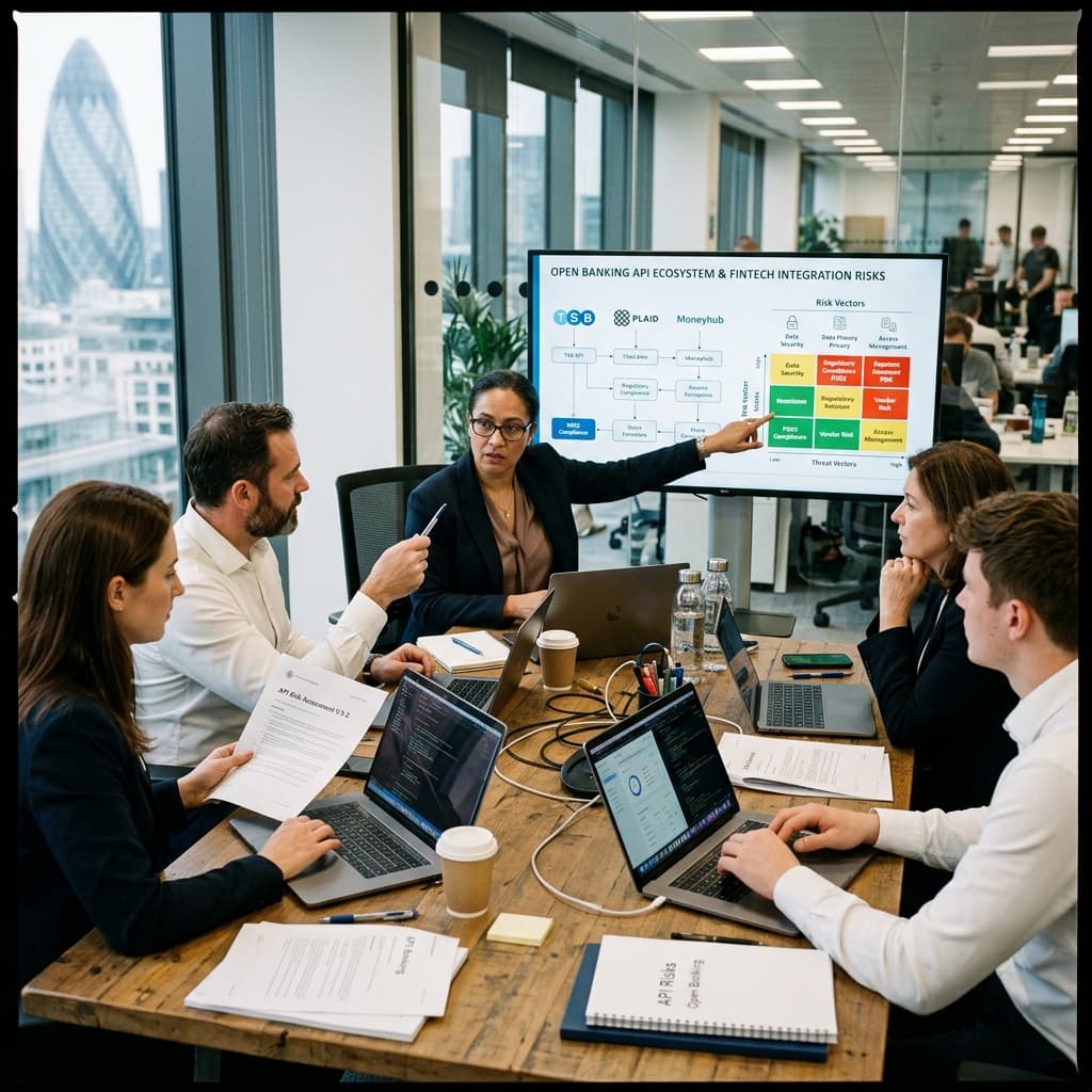 Banking technology and legal professionals reviewing open banking API and fintech integration risk information at a collaborative meeting.