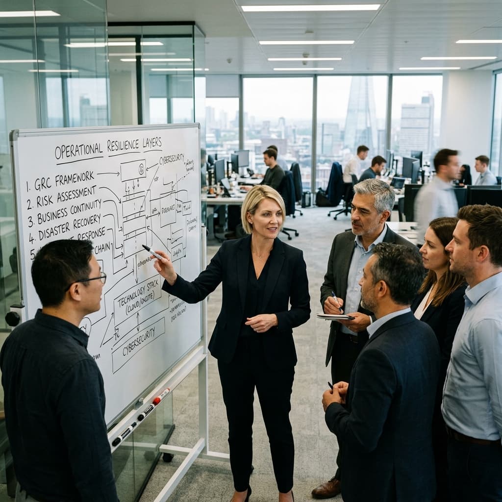 Corporate risk management and technology operations leaders reviewing a diagram of operational resilience layers on a whiteboard.