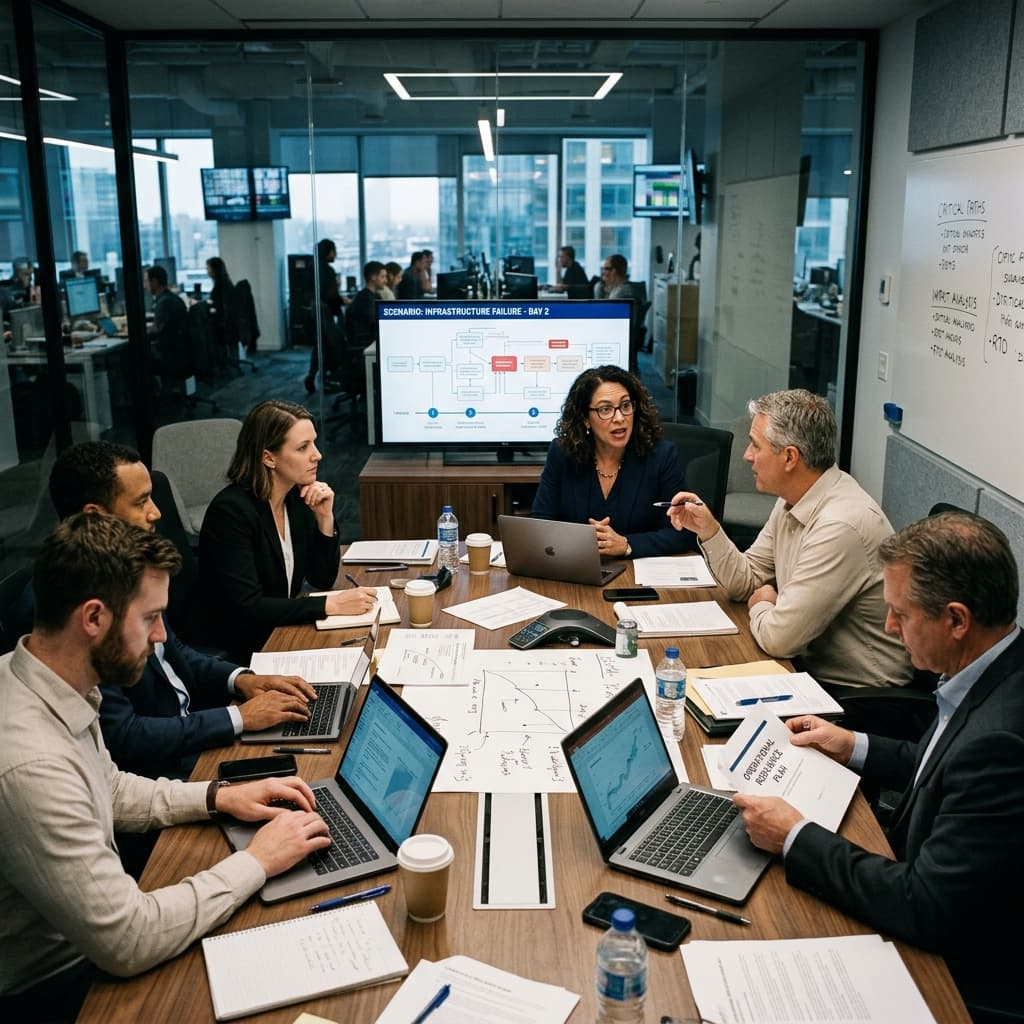Executive leadership team collaborating at a conference table during an operational resilience tabletop exercise.