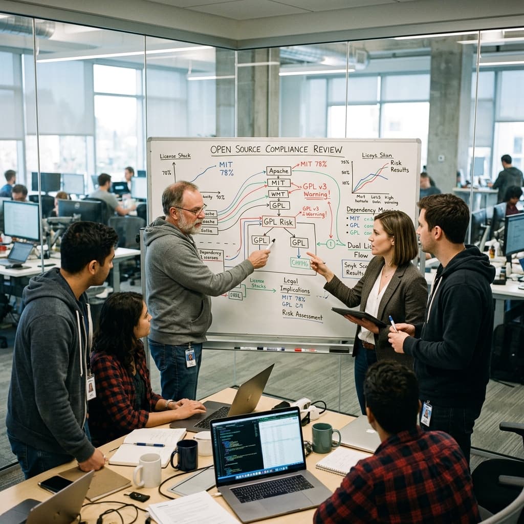 Software engineers and legal counsel reviewing open source compliance charts on a whiteboard.
