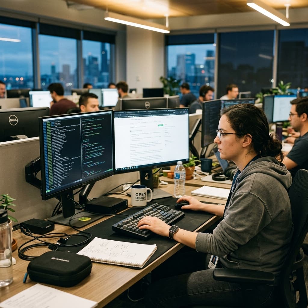 Software developer compiling open source patches on a dual monitor workstation.