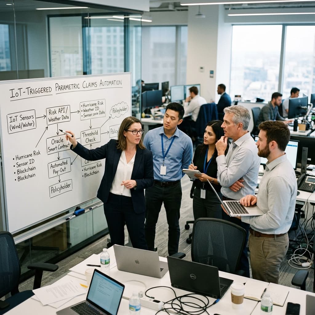 Insurance technology professionals and risk analysts reviewing a diagram of IoT-triggered parametric insurance claims automation on a whiteboard.