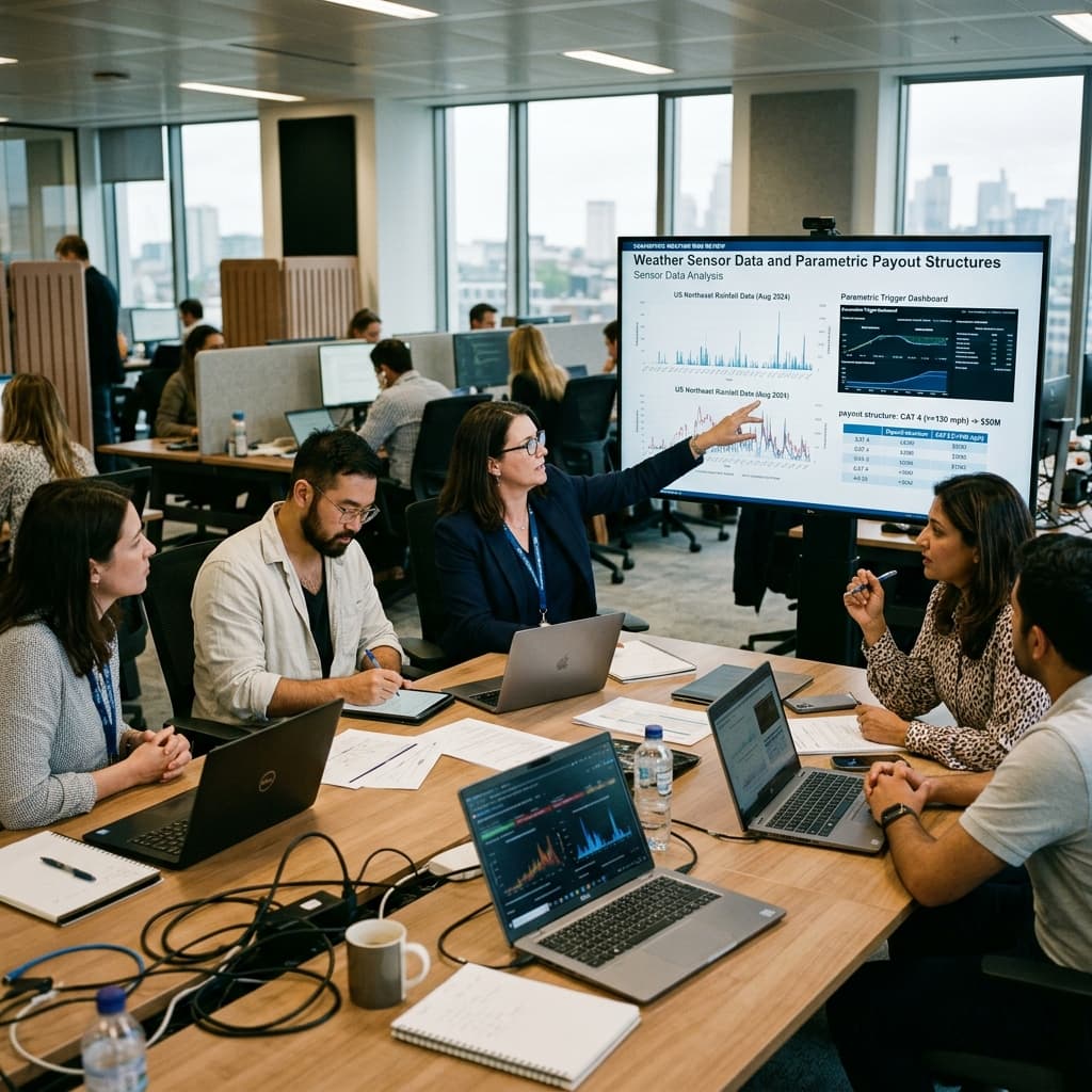 Insurance operations staff and technology leaders reviewing weather sensor data and parametric payout structures at a collaborative meeting.