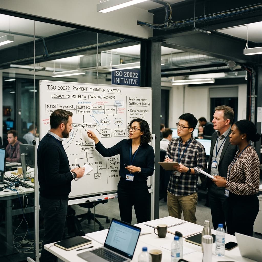 Banking technology professionals and treasury analysts reviewing a diagram of ISO 20022 payment migration on a whiteboard.