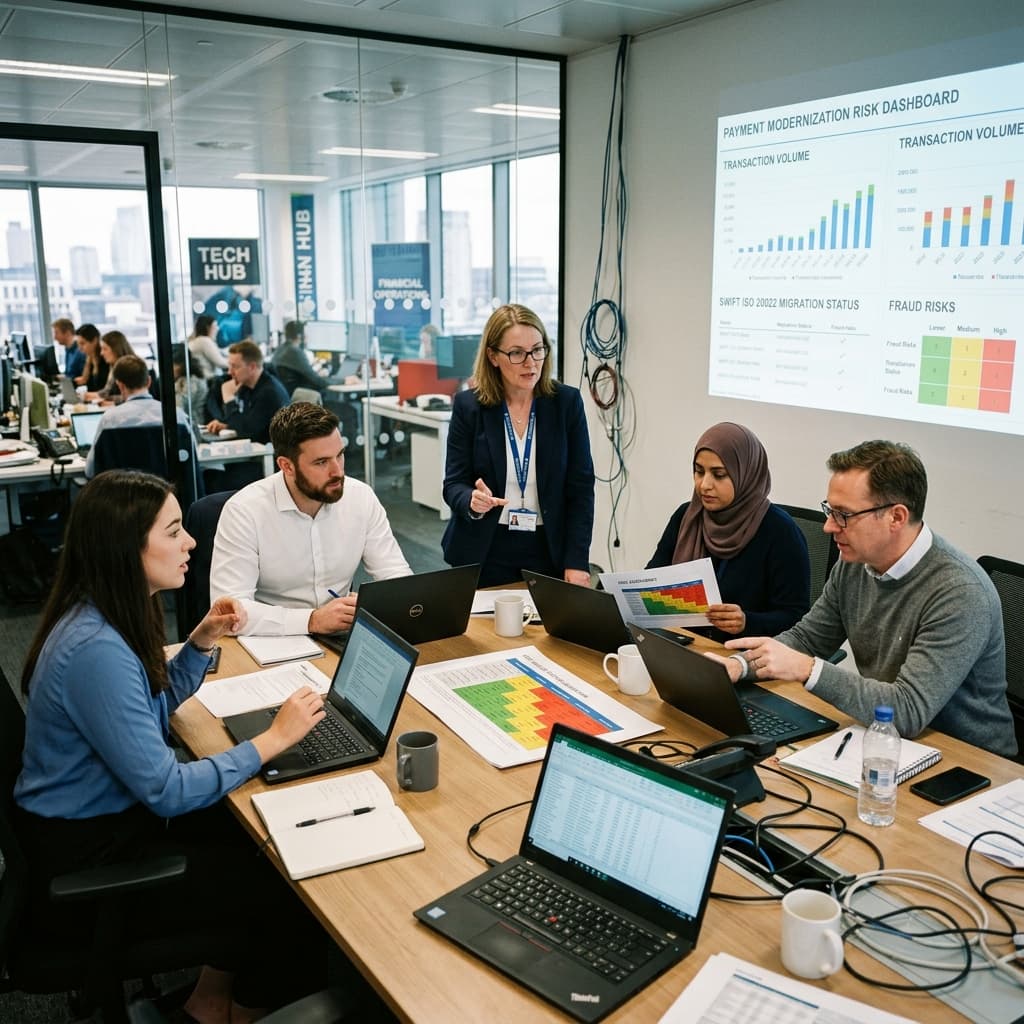 Banking operations staff and compliance professionals reviewing payment modernization risk information at a collaborative meeting.