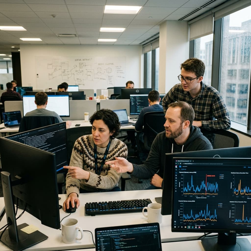 Backend engineers debugging payment orchestration logs and latency performance graphs.