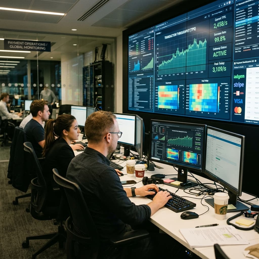 Financial operations team monitoring payment gateway transaction throughput on large screens.