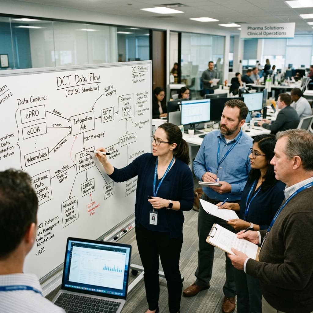 Pharmaceutical data scientists and clinical trial managers reviewing a data flow diagram of decentralized clinical trials and CDISC standards on a whiteboard.