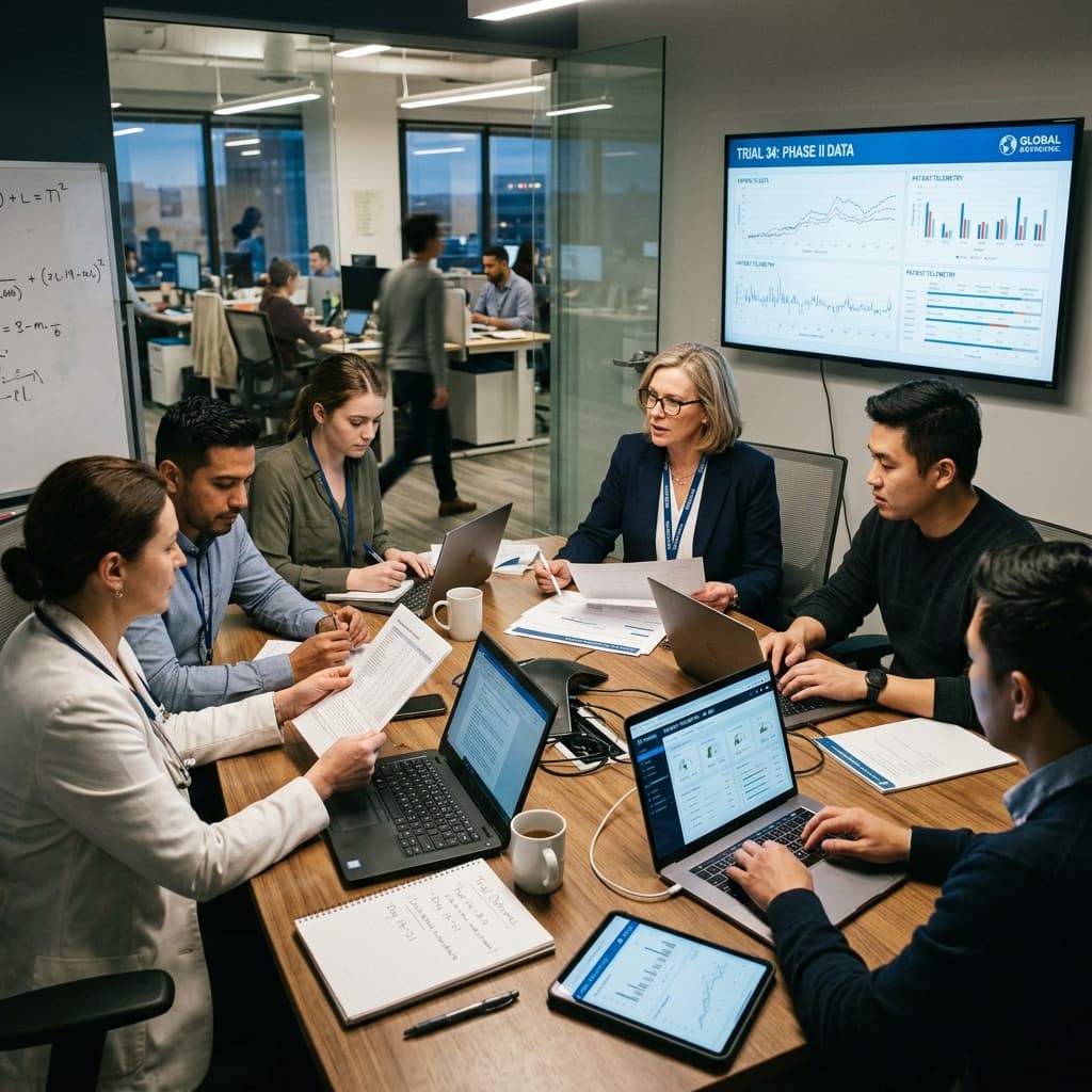 Healthcare and technology professionals reviewing clinical trial information and patient telemetry data at a collaborative meeting.