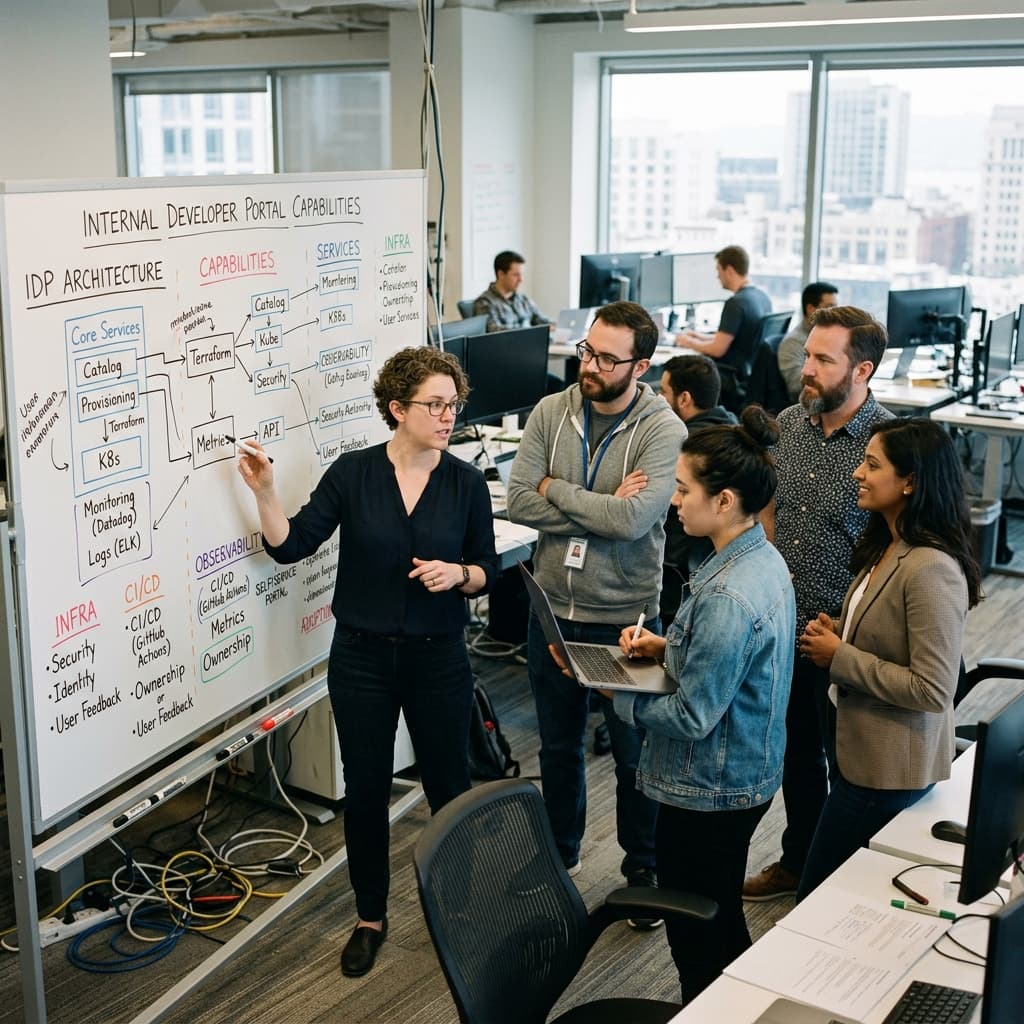 Platform engineers and DevOps managers reviewing a diagram of internal developer portal capabilities on a whiteboard.
