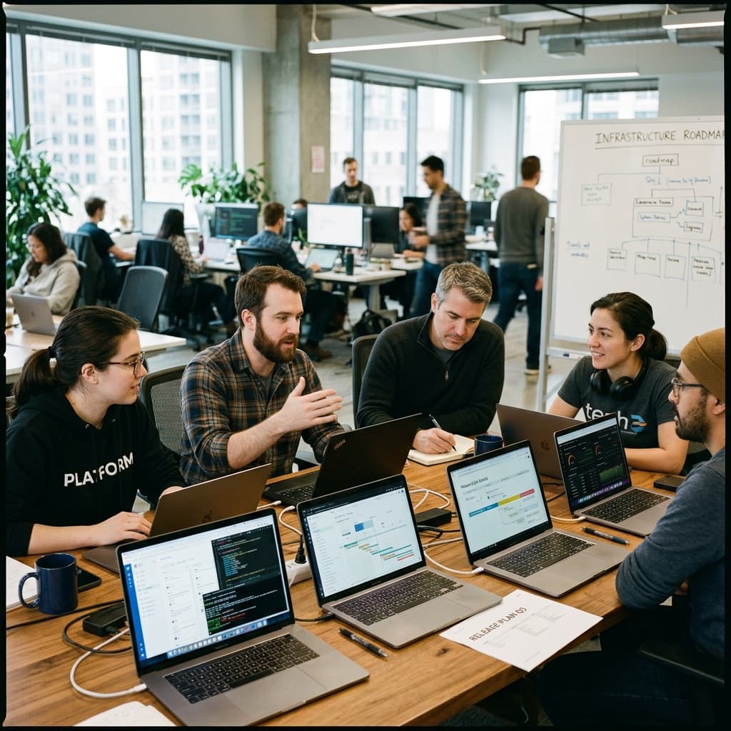 Platform engineering team collaborating around laptops during a product release planning session in a modern tech office.