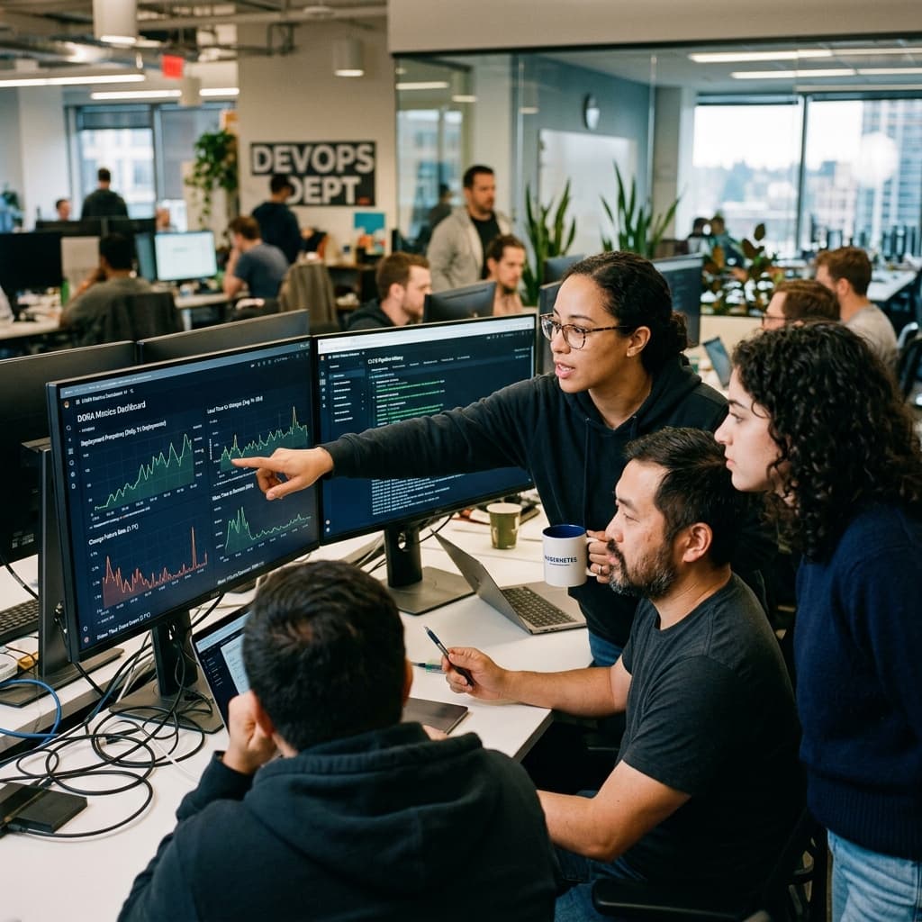 Platform engineers reviewing DORA metrics and deployment frequency on their monitors.