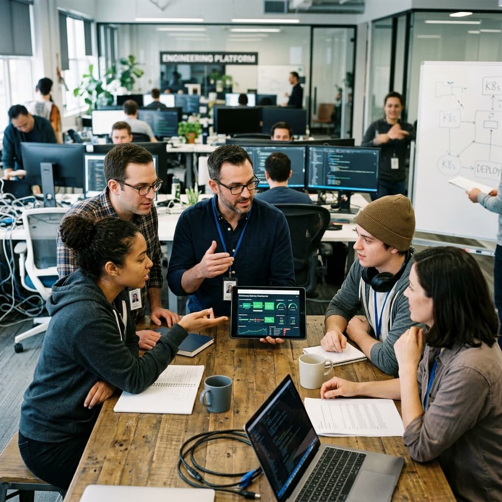 Platform engineering team discussing continuous delivery dashboards on a tablet.