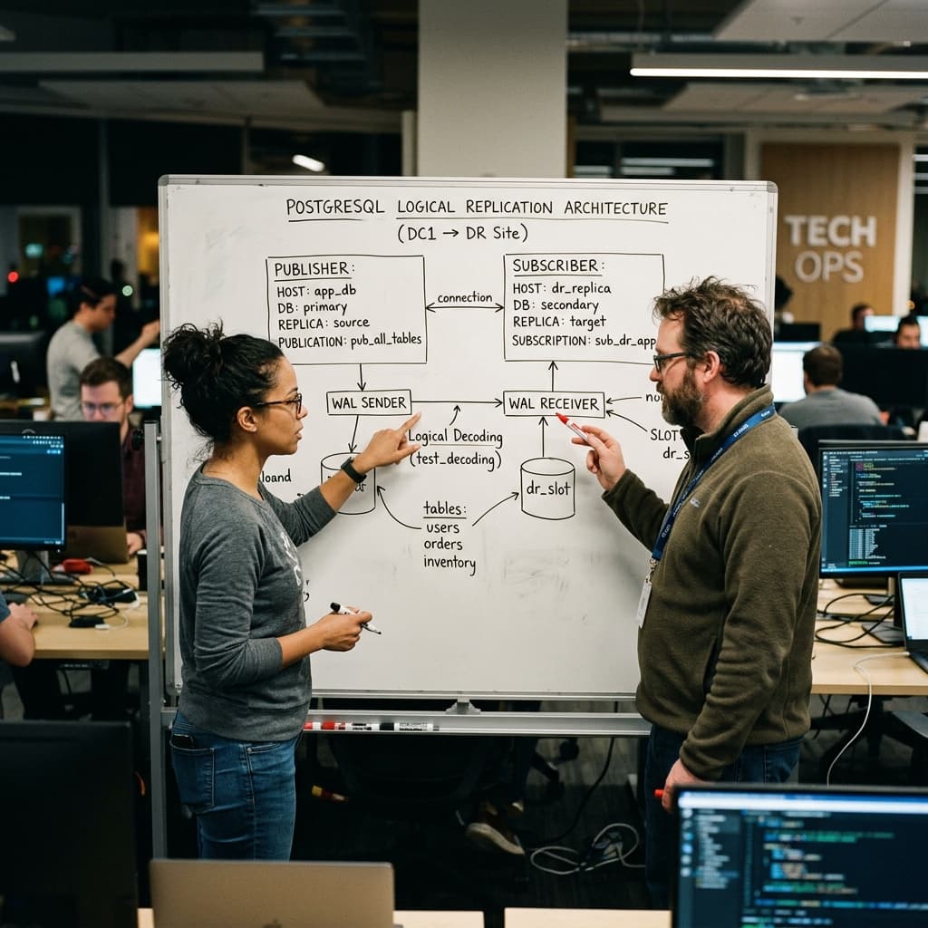 Database administrators configuring PostgreSQL logical replication architecture on a large whiteboard.