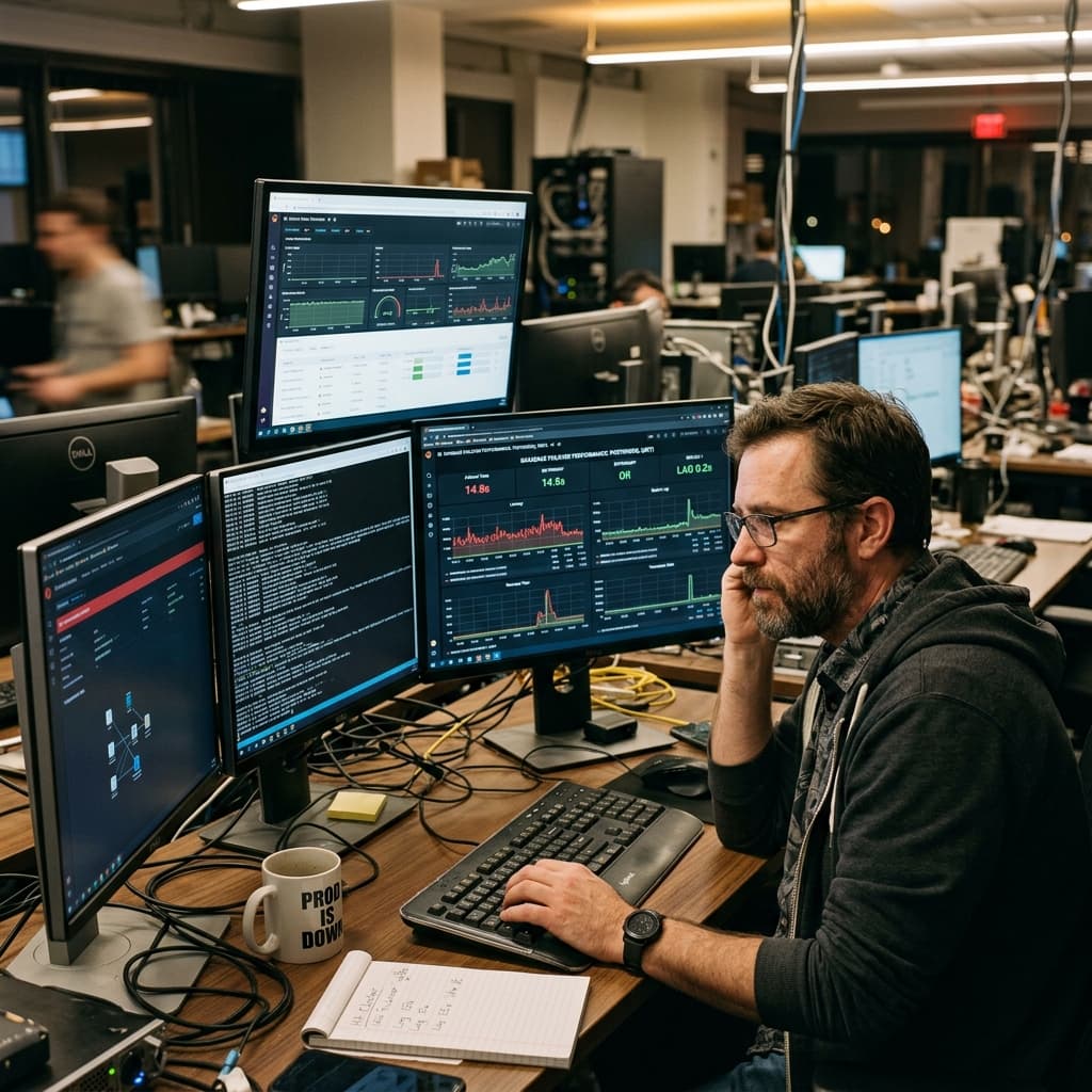 Database engineer reviewing failover performance metrics on multiple monitors.