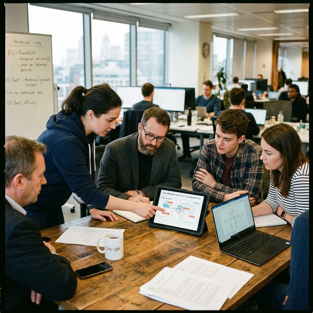 Security engineers and legal counsel discussing data residency policies on a tablet.