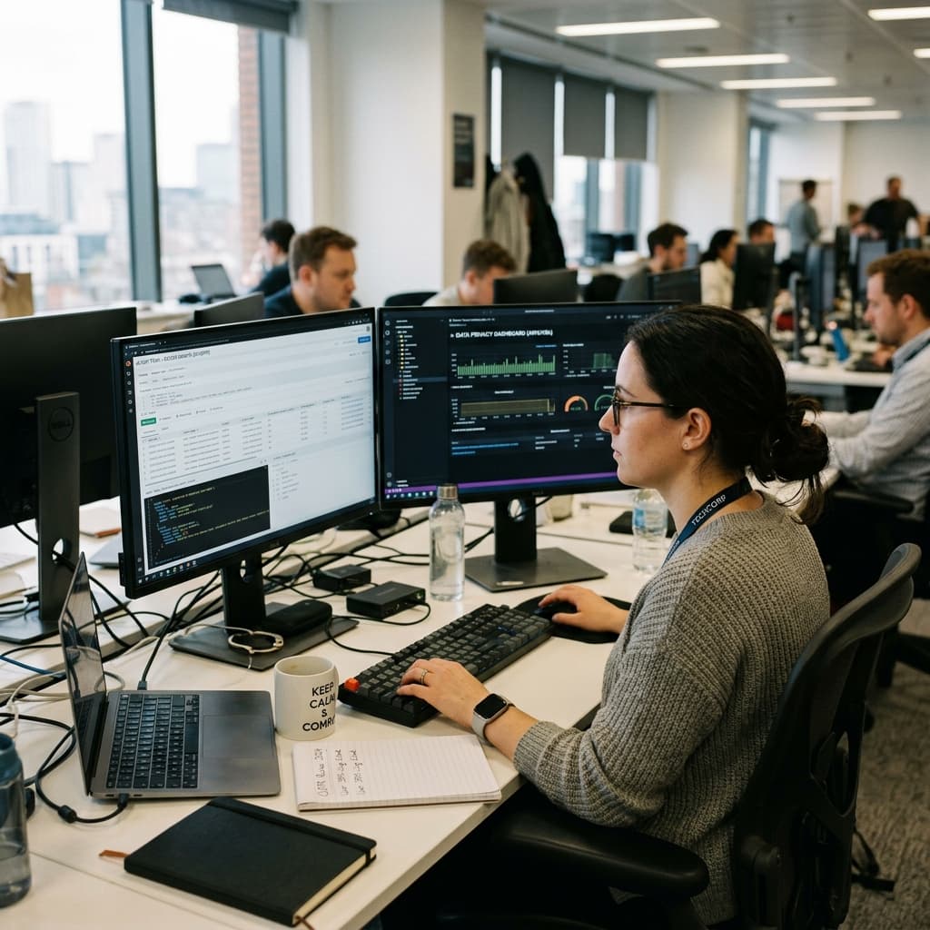 Compliance engineer auditing data access controls and querying privacy infrastructure on dual monitors.