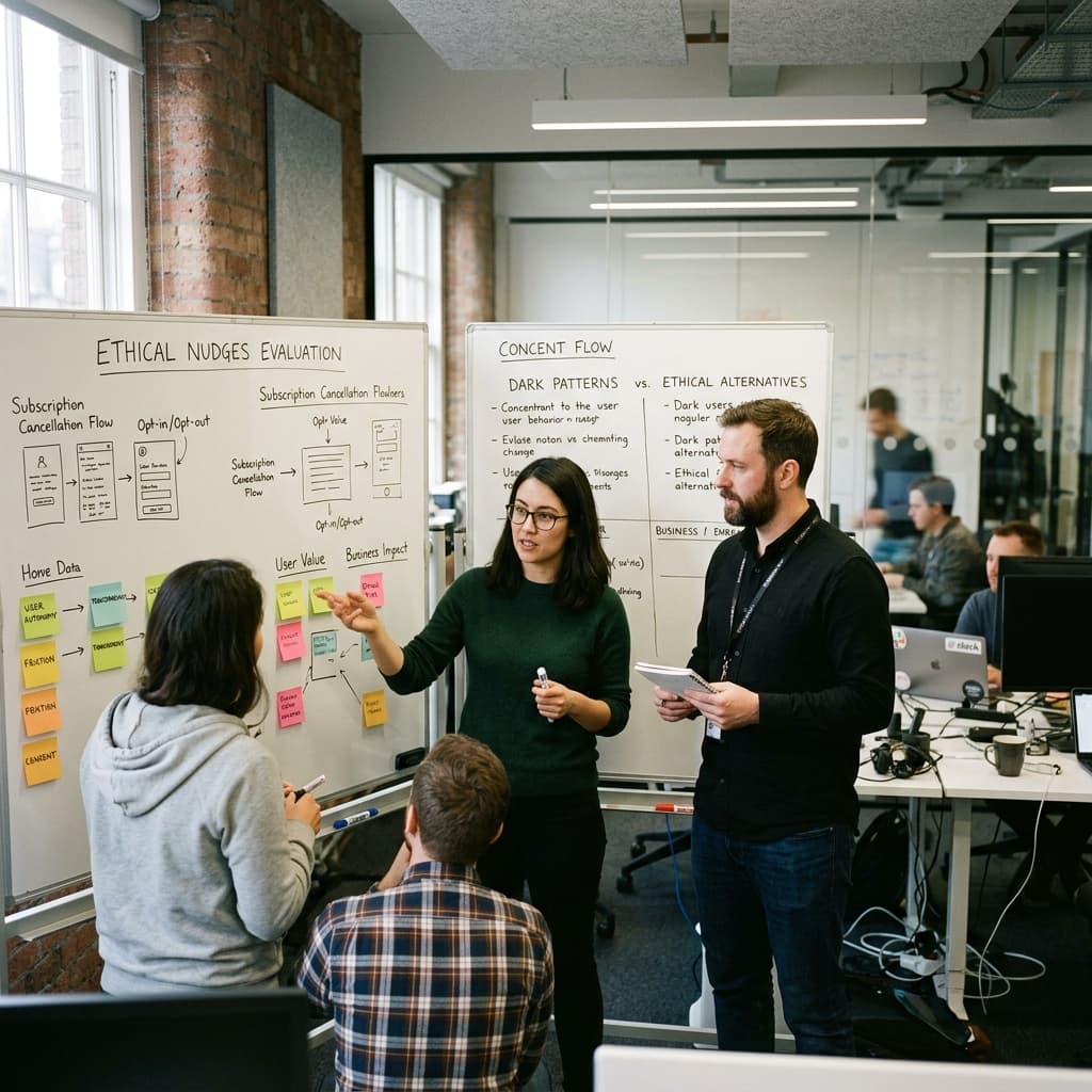 Product managers and UX designers evaluating ethical user behavior nudges on whiteboards.