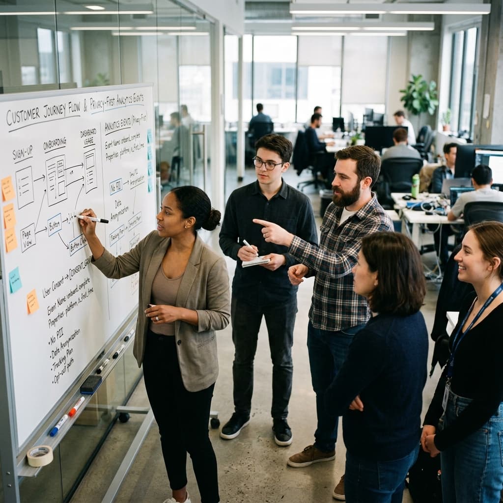 Product team mapping customer journey flows and privacy-first analytics events on a whiteboard.