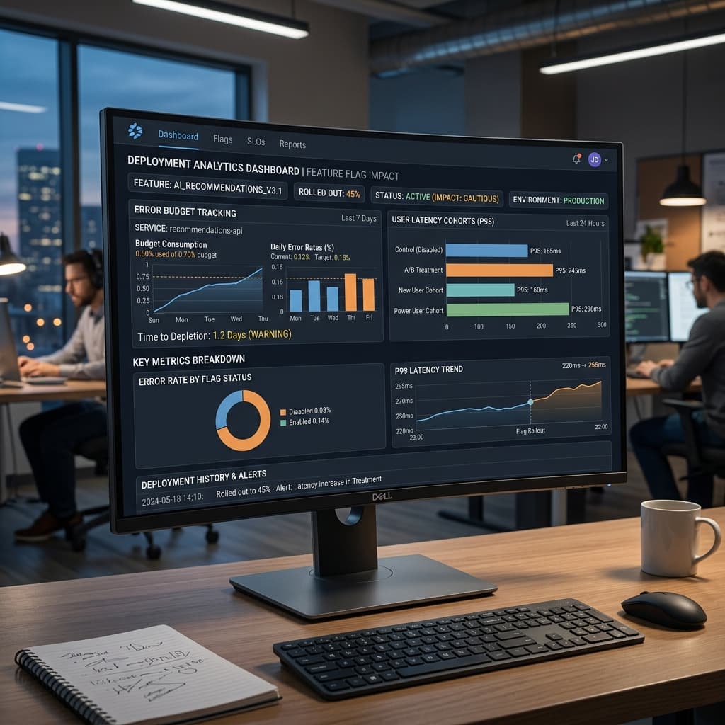 Deployment analytics dashboard showing feature flag impact on error budgets and user latency cohorts