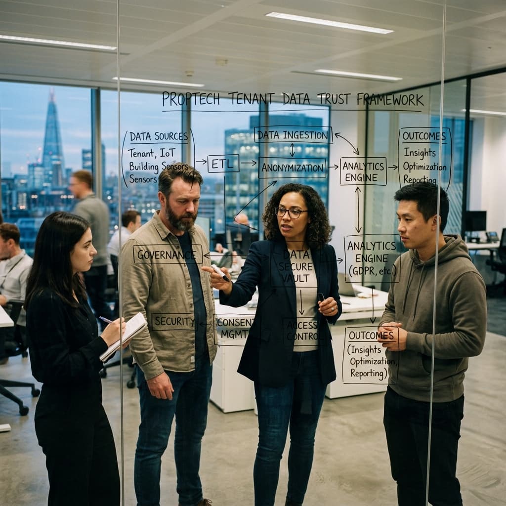 Real estate technologists analyzing a commercial proptech tenant data trust framework diagram on a transparent board.