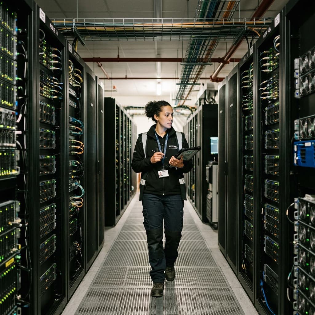 Infrastructure engineer walking through a commercial building data center aisle with rows of production servers.