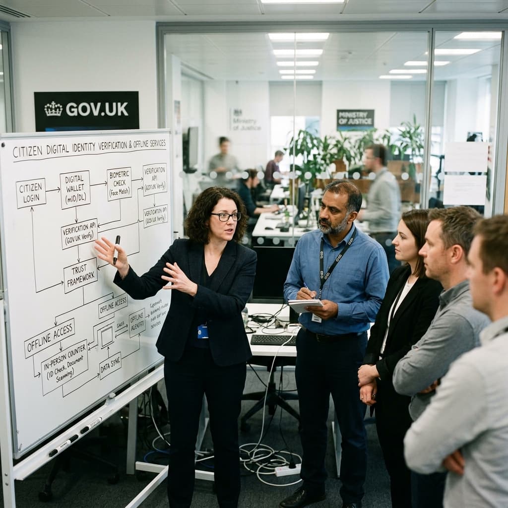Public sector technology leaders and civil servants reviewing a diagram of citizen digital identity verification and offline services on a whiteboard.