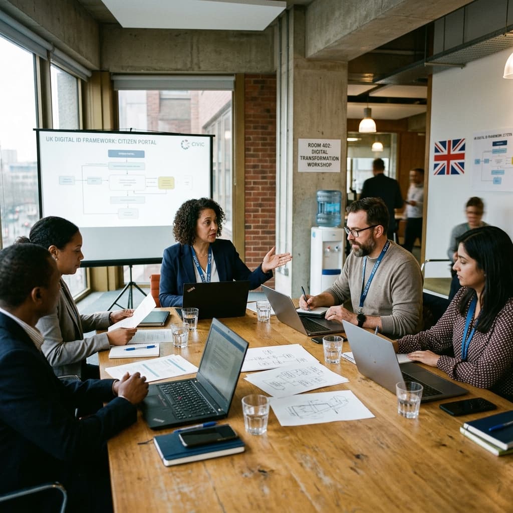 Public sector leaders and technology experts collaborating on citizen digital identity services at a meeting inside a civic building.