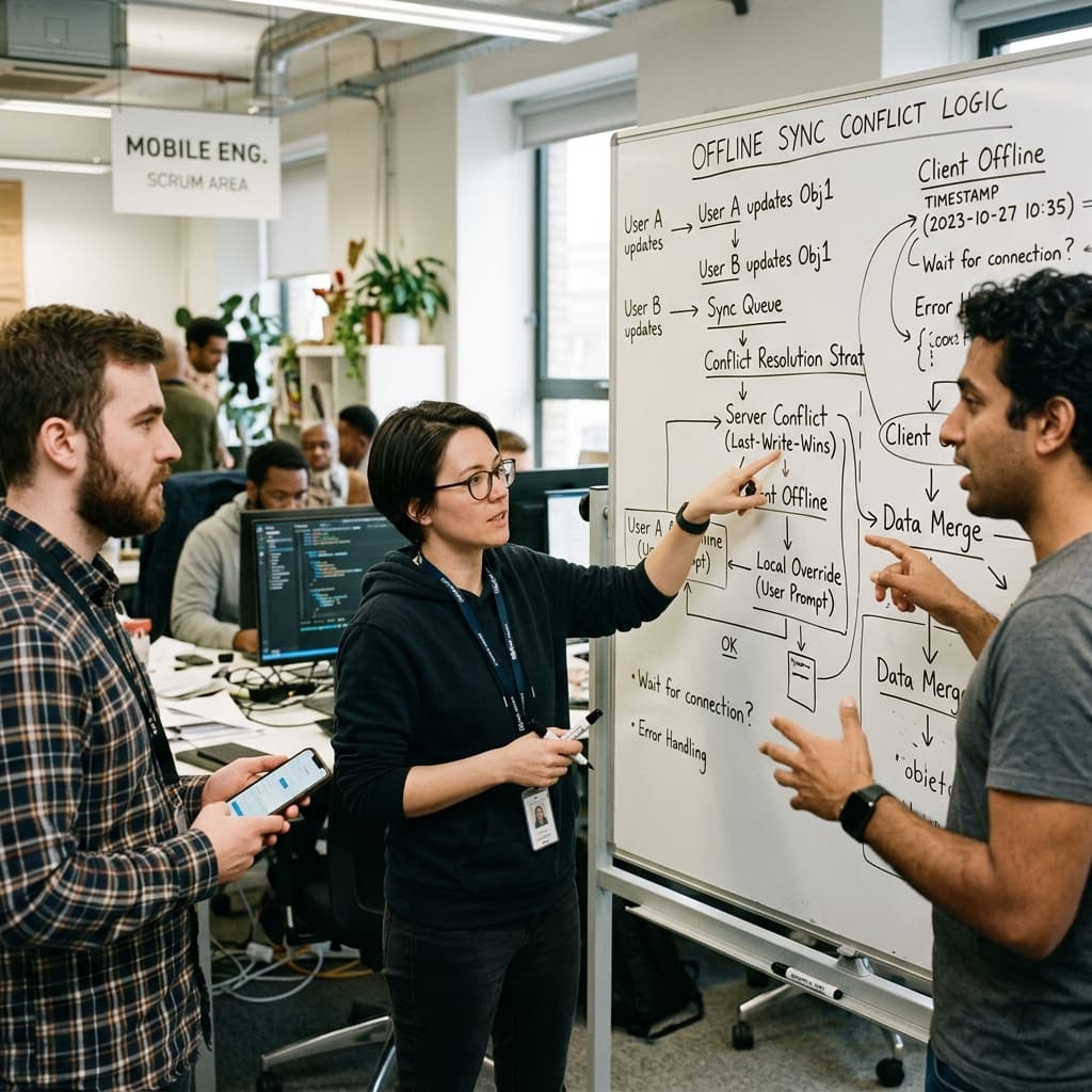 Mobile web developers testing offline sync conflict logic on a whiteboard.