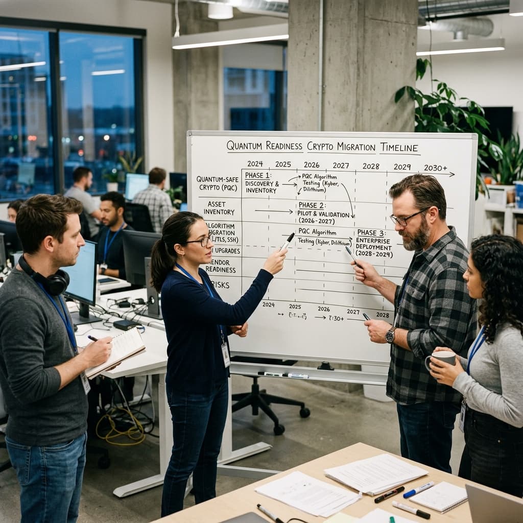 Enterprise security architects and cryptography engineers reviewing a timeline diagram of quantum readiness crypto migration phases on a whiteboard.