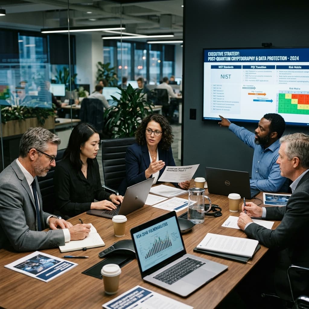 Executive leadership team collaborating on data protection and quantum cryptography readiness at a conference table.