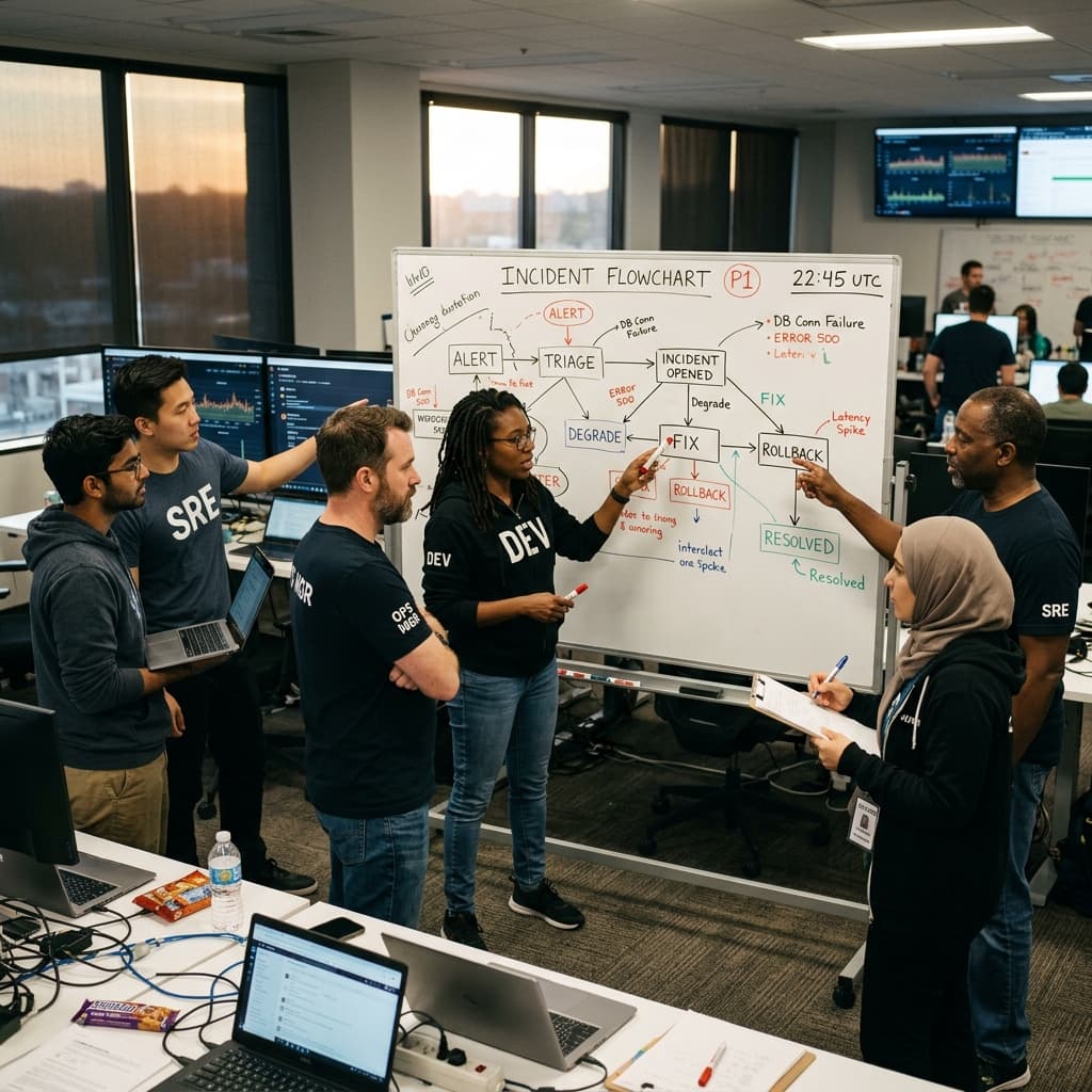 Engineers and managers discussing an incident RACI flowchart in a war room.
