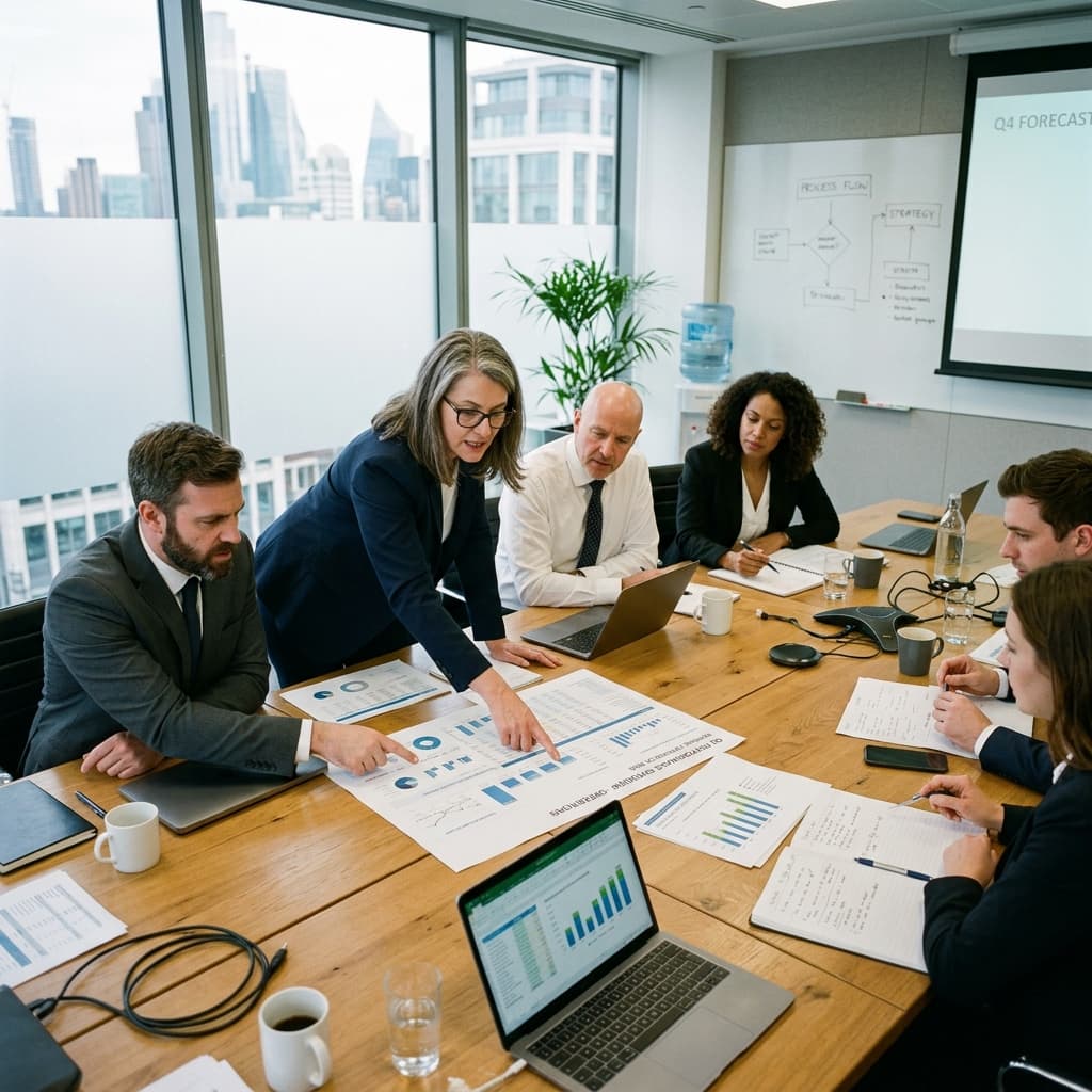 An executive leadership team collaborating at a conference table during an operational review.