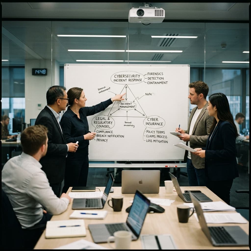 Incident response leaders and legal counsel reviewing a triangle diagram linking cybersecurity incident response, legal, and cyber insurance on a whiteboard.