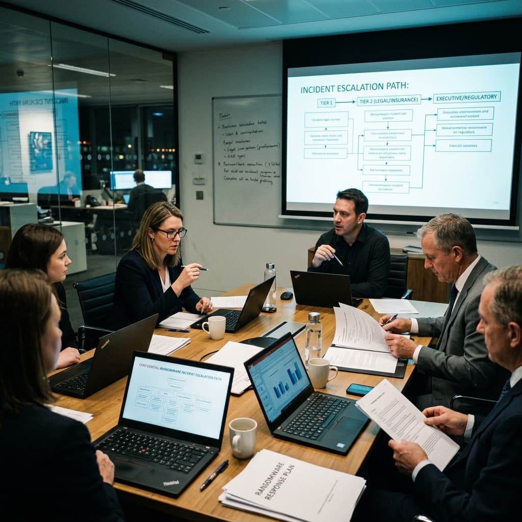 Corporate legal counsel, insurance officers, and cybersecurity responders reviewing ransomware risk and incident escalation paths at a collaborative meeting.