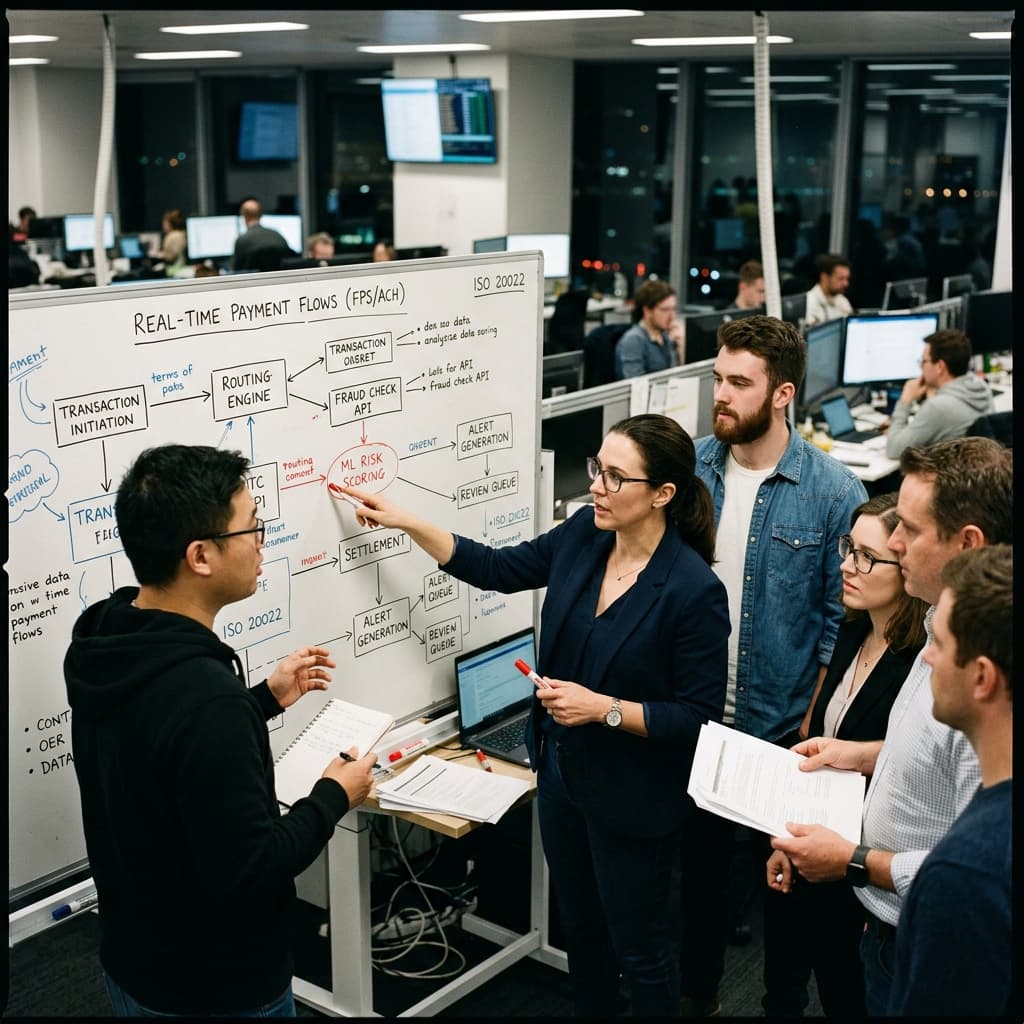 Banking technology professionals and risk analysts reviewing a diagram of real-time payment paths and fraud checks on a whiteboard.