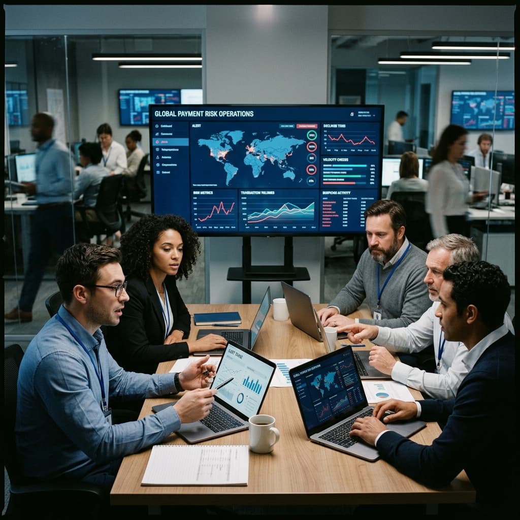 Financial analysts and banking operation staff reviewing real-time payment fraud metrics and risk operations at a collaborative meeting.