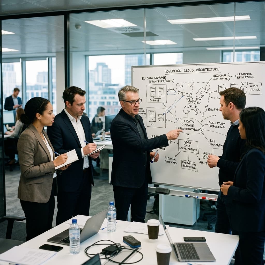 Corporate technology leaders and compliance officers reviewing a diagram of sovereign cloud controls and data localization on a whiteboard.