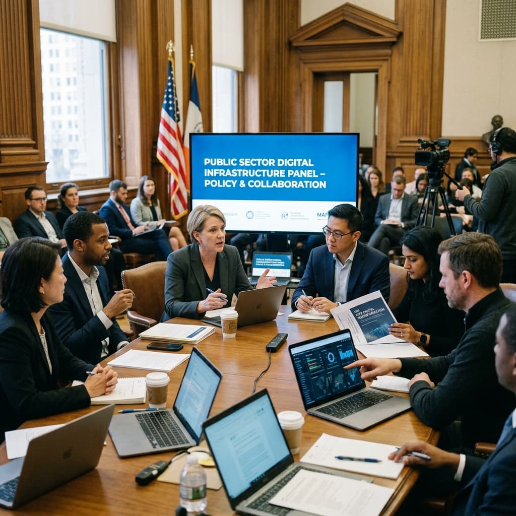 Government and technology officials collaborating on public sector digital infrastructure and policy at a conference table in a civic building.