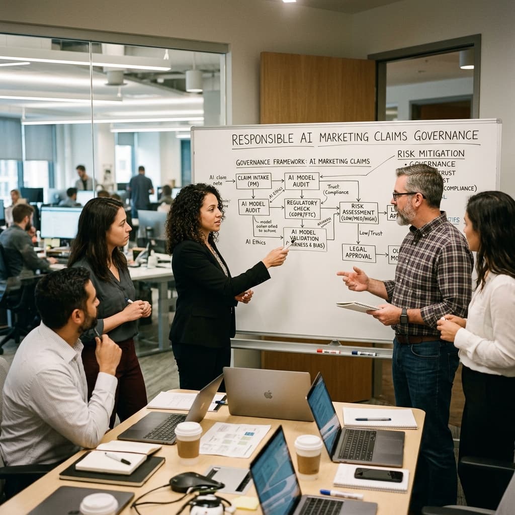 Product managers, legal counsel, and risk teams reviewing a diagram of responsible AI marketing claims governance on a whiteboard.