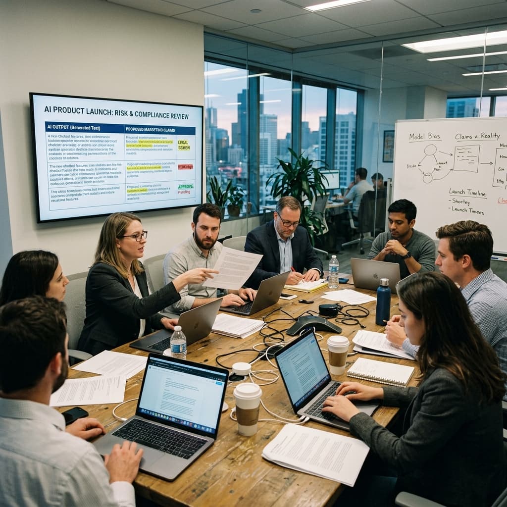 Corporate legal, product marketing, and risk teams reviewing AI model outputs and marketing claims at a meeting.
