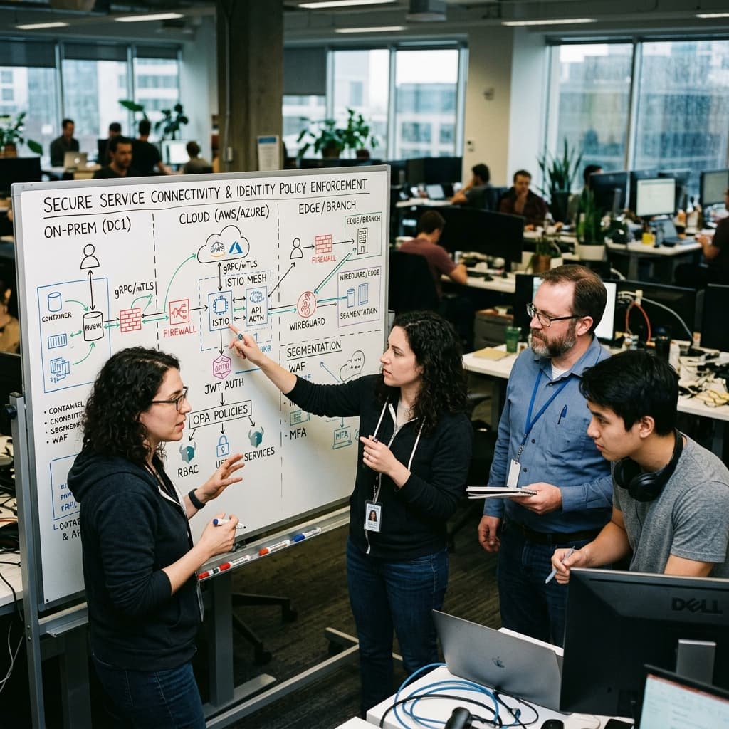 Network security engineers reviewing a diagram of secure service connectivity and identity policy enforcement across distributed environments on a whiteboard.