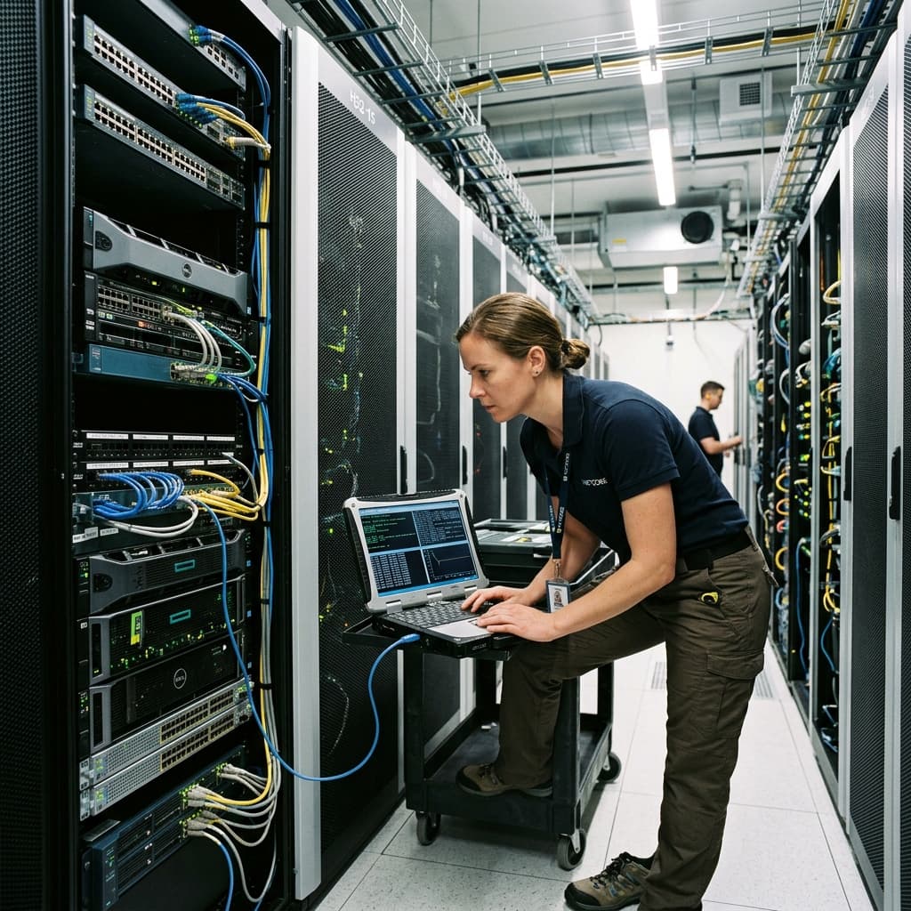 Network infrastructure engineer examining server activity in a modern data center aisle.