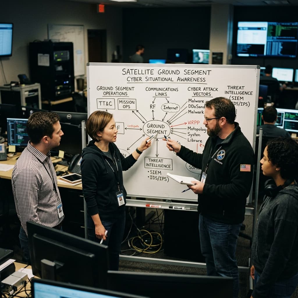 Space systems engineers and cybersecurity operators reviewing a diagram of satellite ground-segment cyber situational awareness on a whiteboard.