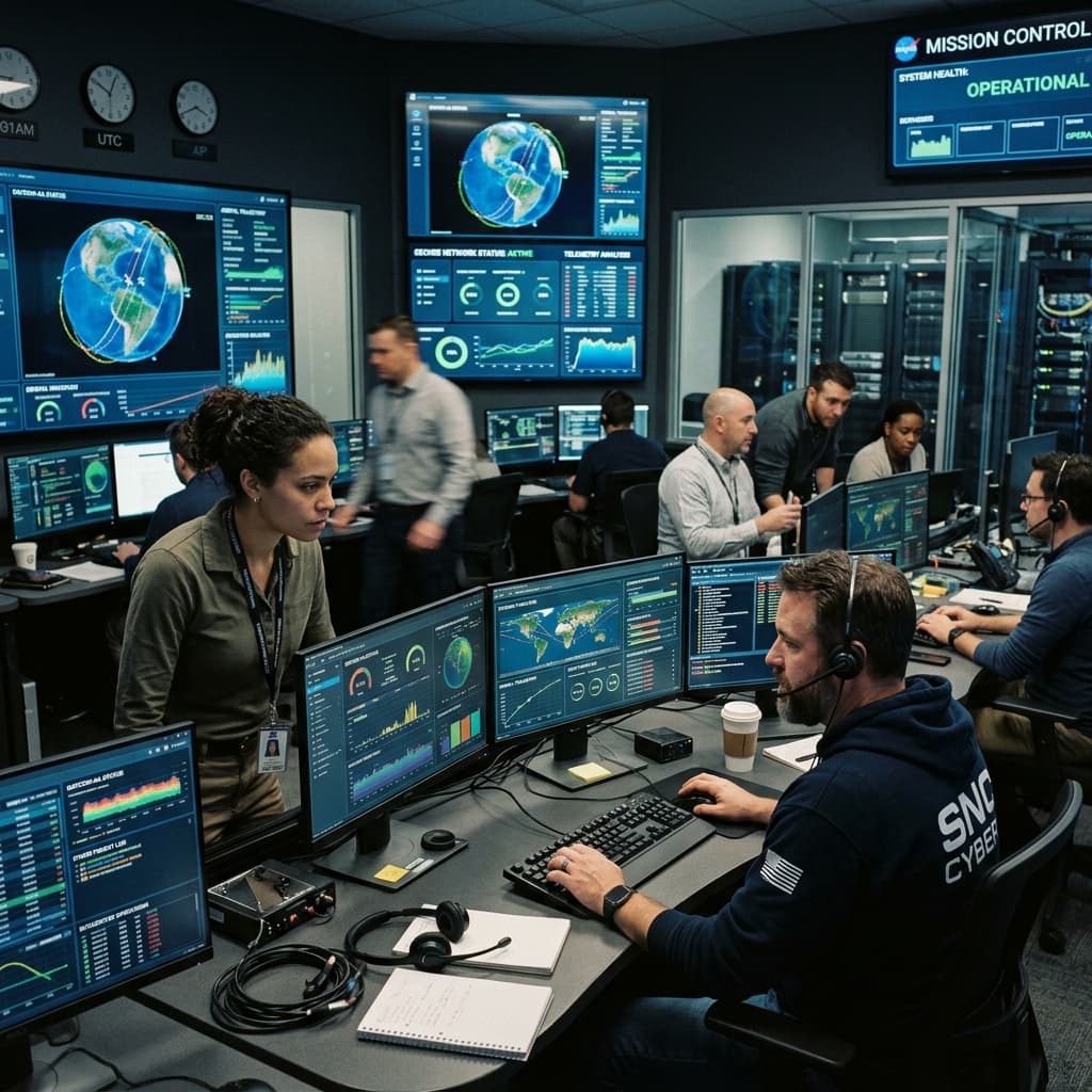 Infrastructure engineers and space cybersecurity operators monitoring satellite telemetry algorithms and data center operations at a secure operations center.