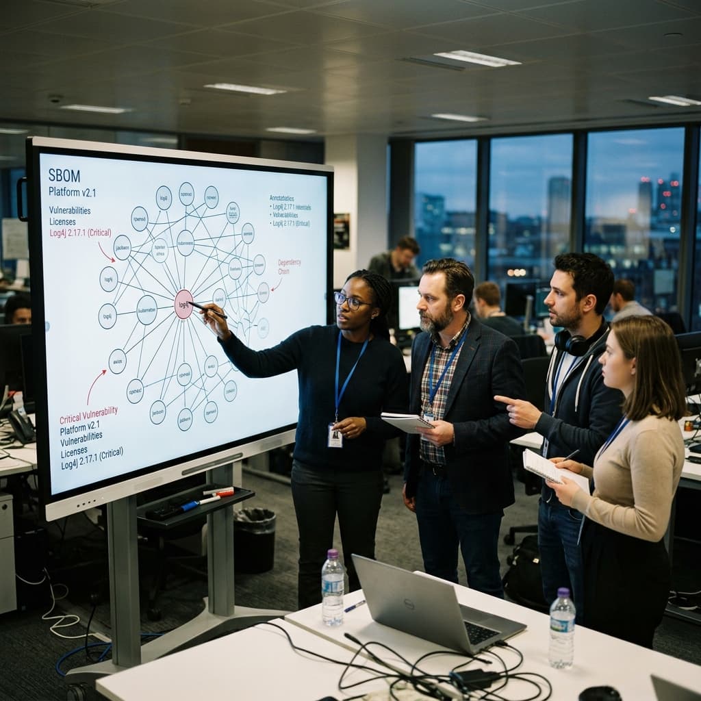 Procurement officers and security engineers reviewing an SBOM dependency graph on a digital whiteboard.