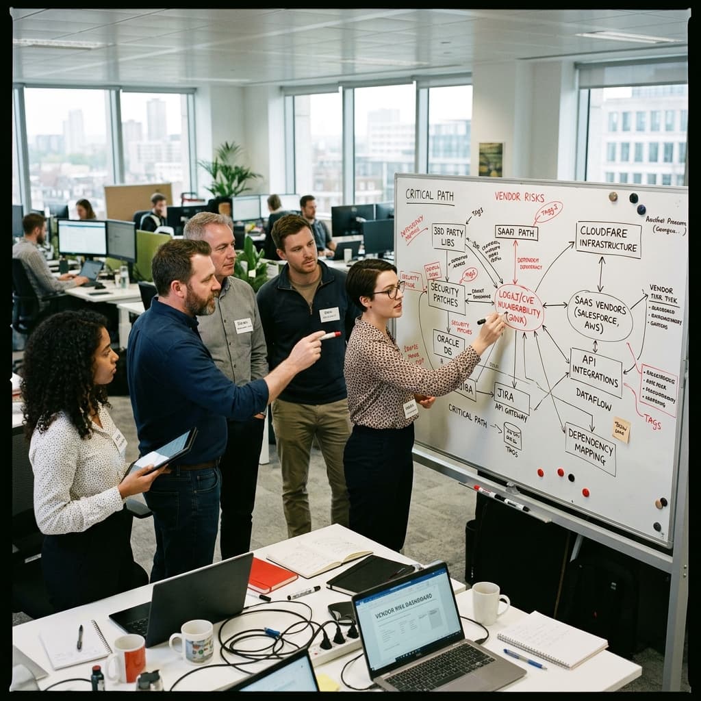 Procurement team mapping software dependencies and vendor vulnerabilities on a whiteboard.