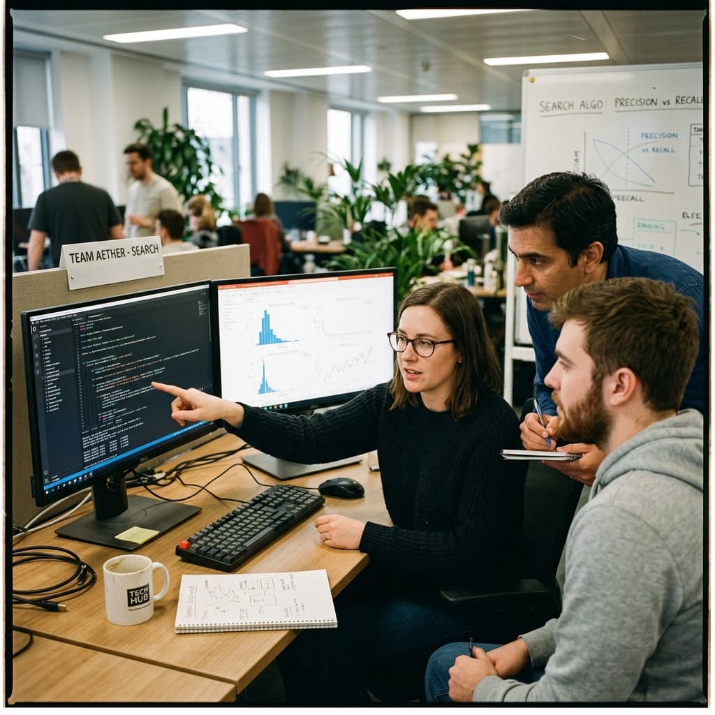 Data science team tuning search relevance algorithms on dual monitors.